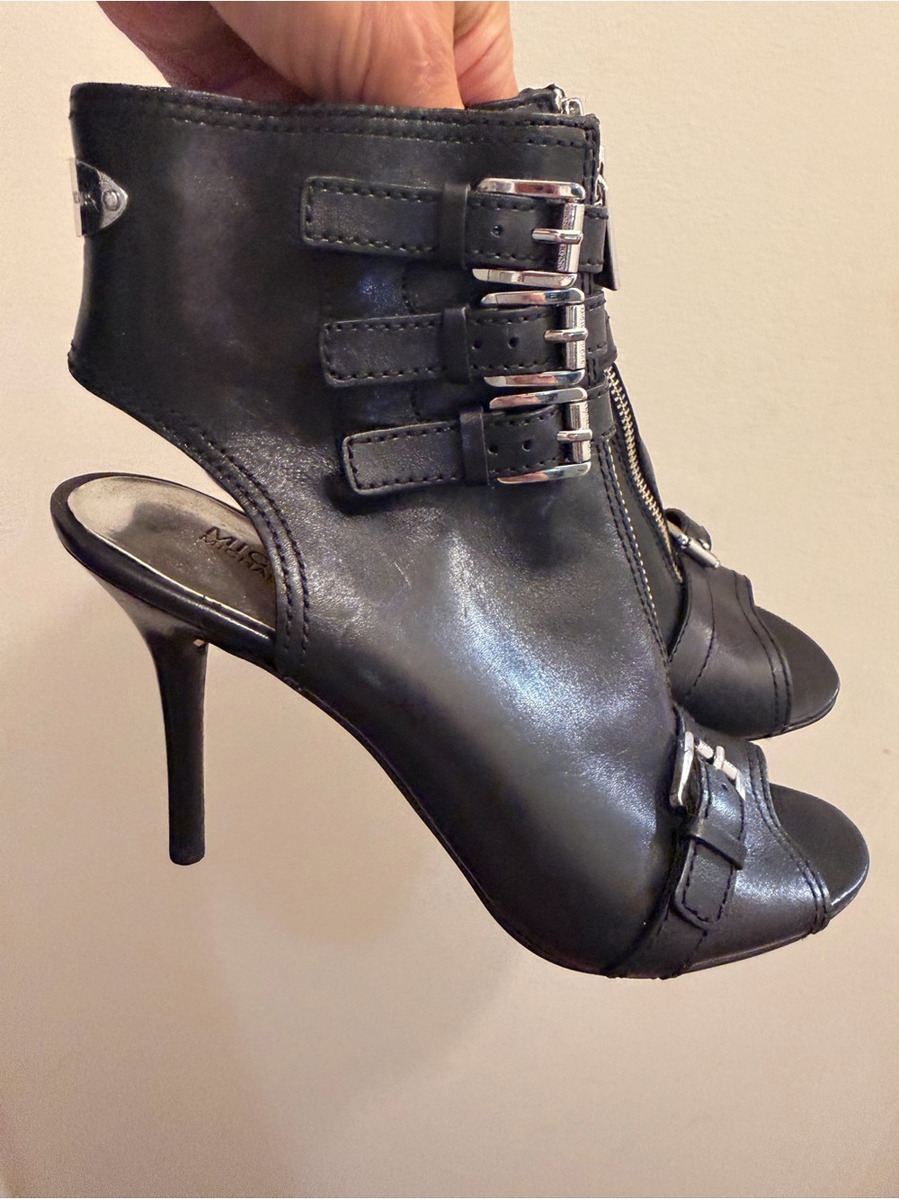 Michael Kors Black Leather Buckle Peep-Toe Stiletto Booties